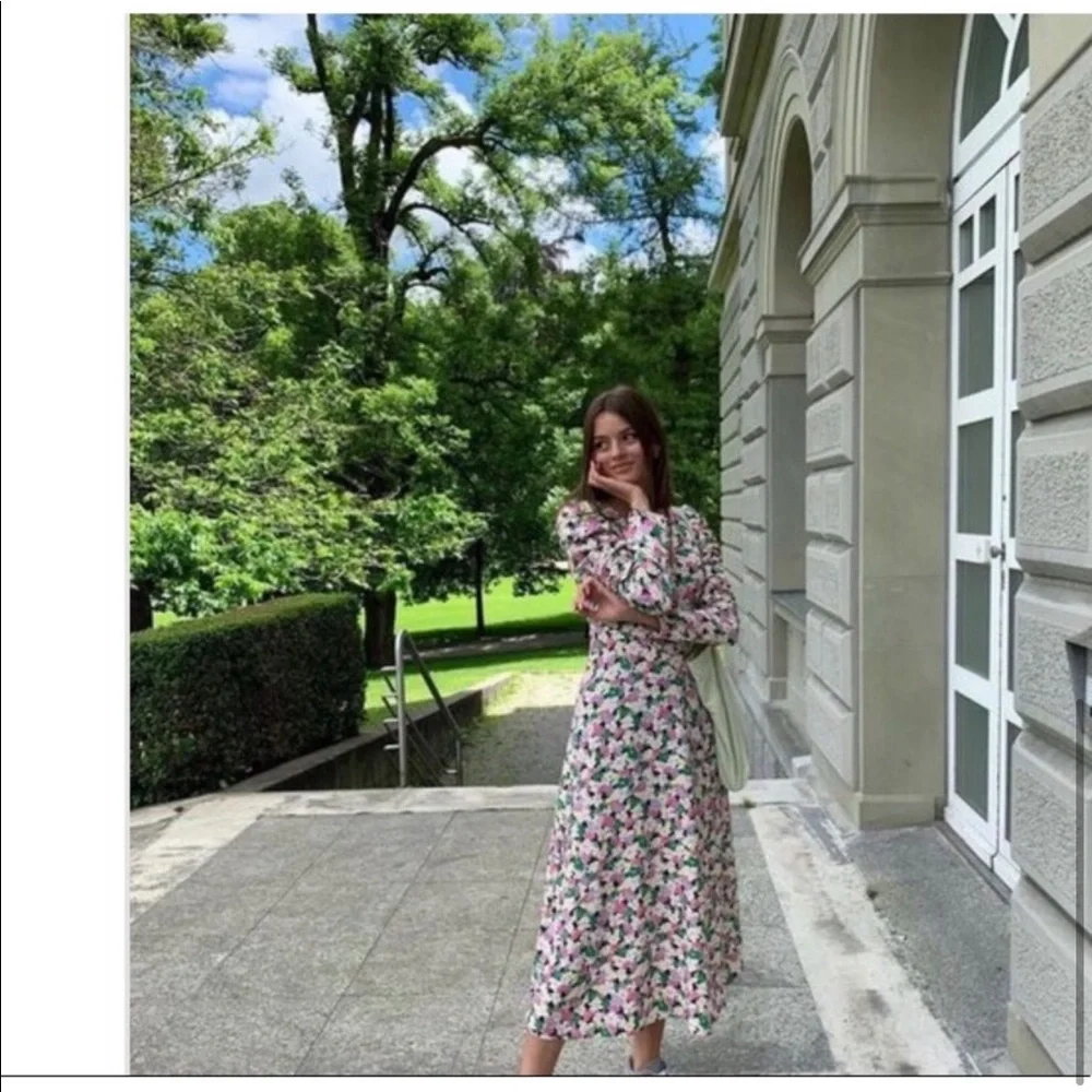 H&M Conscious Floral Print Lyocell-blend Ruched long sleeves Midi Sundress Large - Picture 6 of 15